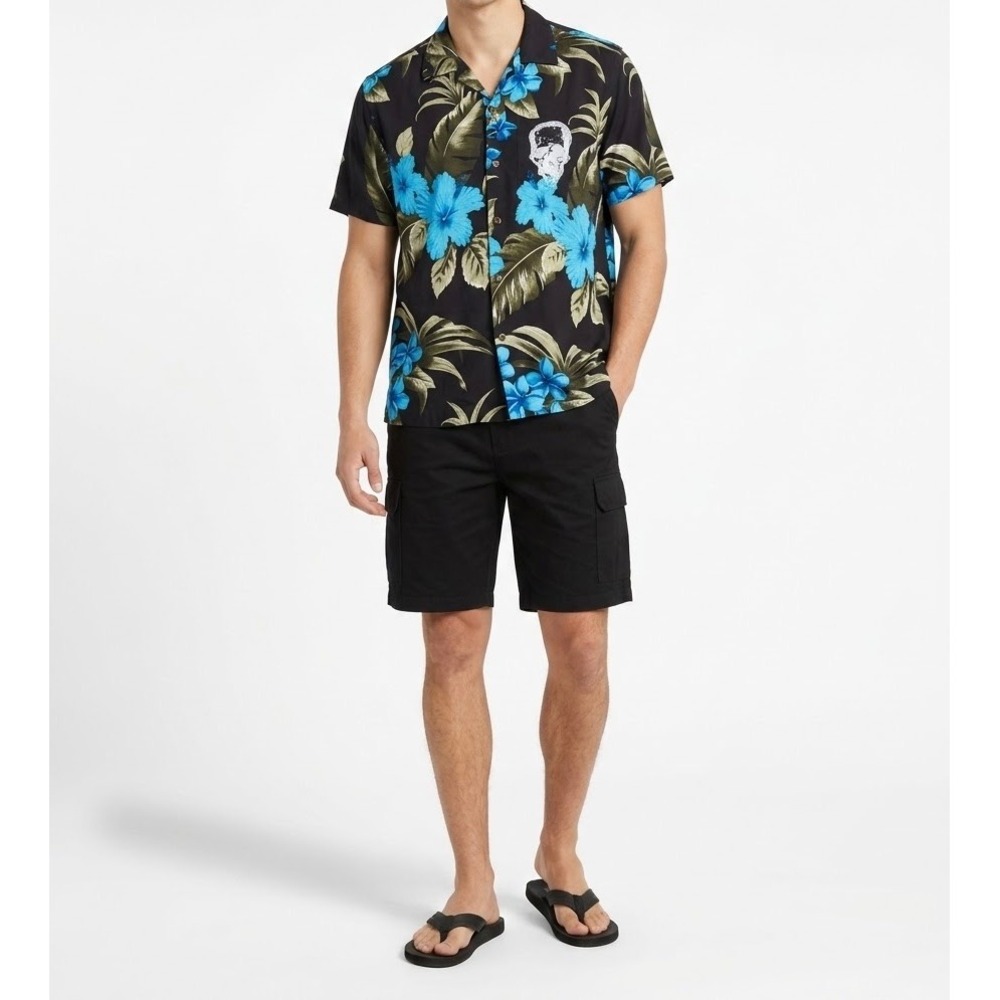 FAVANT Mens Hawaiian Shirt Blue Floral Skull Tropical Rayon Button Down Large